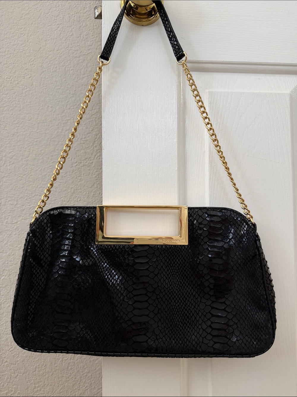 Michael Kors Black Snakeskin-Embossed Top-Handle Clutch with Gold Chain